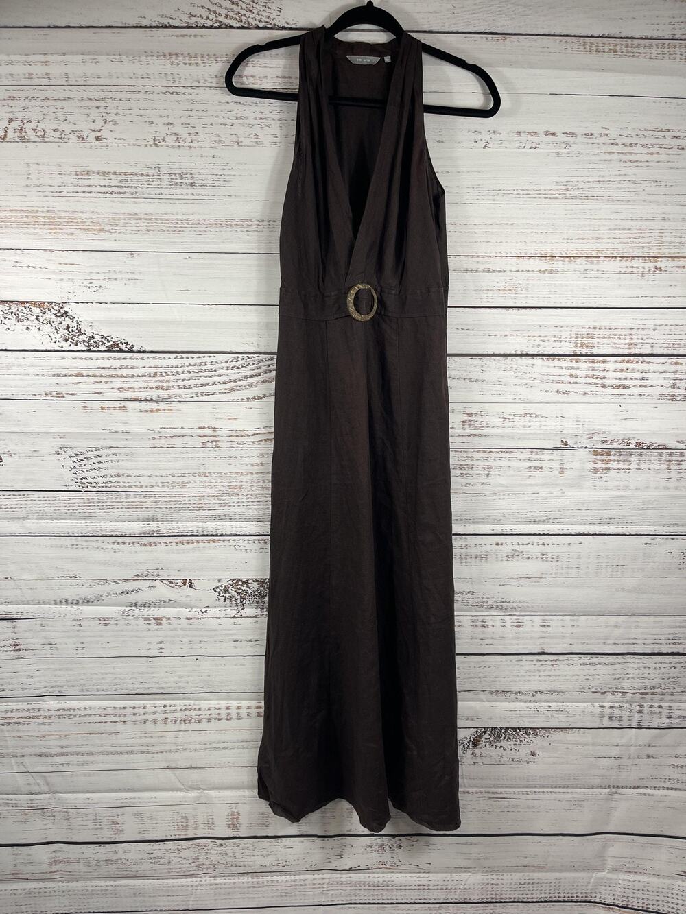 Per Una Dress Womens 4 Brown Linen Maxi Sleeveless V Neck Belted Buckle Sundress